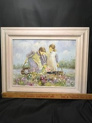 Oil Canvas Painting K. Glory Sisters Amish Girls Picking Flowers Framed Colonial