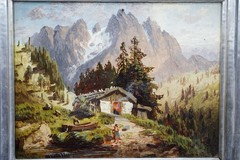 Oil painting of the – Scharnitzer Alm – 17.5cm x 13cm signed with F.C. circa 1880