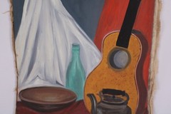 Mid Century Still Life Guitar Oil Painting On Canvas Illegible Signature