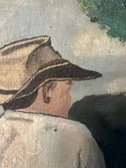 Orig. Vintage Western Hunting Painting Hunter Cowboy Bobcat Cougar Hunting Dogs