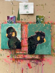 DANVERRS Black Cockatoo Aqua Yellow Tail Original 12×9” Canvas Painting Tasmania