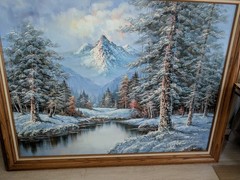 Framed Realism Landscape Painting Large Winter Mountain River Trees Snow