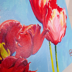 Original Painting on Canvass Tulip Flowers Red & Aqua by M. Ritchie 12″ x 12″