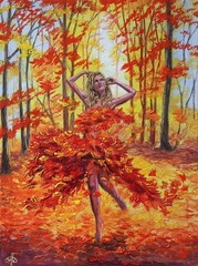 Original Oil Portrait Painting Autumn Woman Dancing Leaves Canvas Wall Art Decor