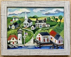 Original Abstract Naive Primitive Style Painting American Town
