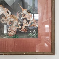 Rare 19th Century Thai Thangka Gouache On Canvas Early Framed Painting