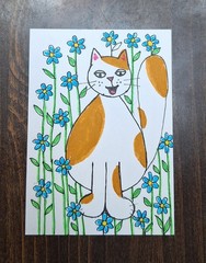 ACEO Original Cat and Daisies Cartoon Watercolor Painting by Sandrajean Smith