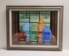 William Tompkins Modern Oil On Canvas Still Life Antique Bottles Painting 24X30