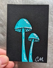 ACEO Original Cute Whimsical Teal Mushrooms Hand painted Black Paper Art Card