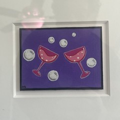 Original Vintage Whimsical Pop Art Painting Signed DG – Cocktail Toast -Framed