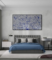 XXL Jackson Pollock Style Blue & Pearl Abstract Art Textured Painting 78×39 in