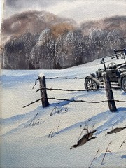 Watercolor Painting Indiana Artist “Snowy Barn Model T Truck” 1979