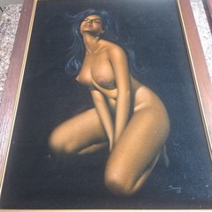 Vintage Black Velvet Felt Painting Woman