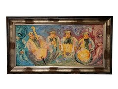 Vintage Jewish Folk Art Hasidic Musicians Painting Framed Masonite Board