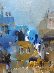 Original oil painting 12″x12″ Abstraction Contemporary art Blue Brown Roofs City