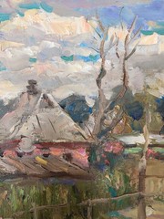 Oil painting Yard Ukrainian painter canvas Unframed original Decor landscape