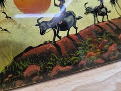 Vtg Vietnamese Lacquer Painting Gold Leaf Water Buffalo Sun Art Plaque 8.5″ x 4″