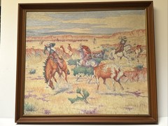 Antique Painting Cowboy Western Wrangler Cow Horse Large 1930’s Landscape Frese