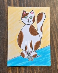 ACEO Original Cat and Mouse Cartoon Watercolor Painting by Sandrajean Smith