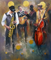 NO IMPORT FEE Yary Dluhos Music Band Jazz Instruments Original Art Oil Painting
