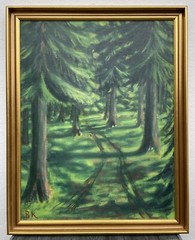 Oil painting green coniferous forest nature painting Denmark BK monogram 95x76cm