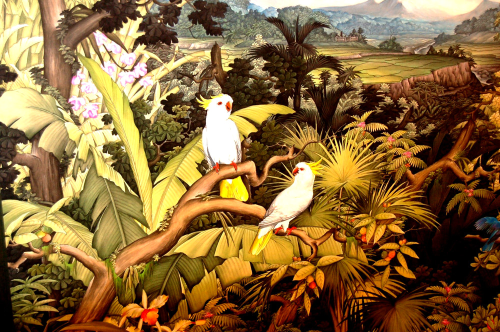 HUGE Balinese Flora Fauna Painting. Over 5 feet high, 6 1/2′ feet wide