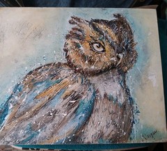 MID CENTURY GREAT HORNED SNOW OWL EMBELLISHED SERIGRAPH / CANVAS SIGNED PAINTING