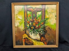 Vtg Impressionist Oil Painting Chair Floral Framed 70’s Not Signed Retro 25×25