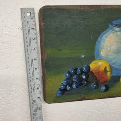 Vtg Original Painting Still Life on Wood Fruit Green Signed Art 10″ X 14″