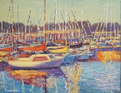 Sean Wu. landscape 11×14 original oil on canvas board, sailboat
