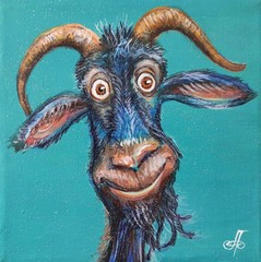 Original Acrylic Painting Funny Blue Goat Horns Smirk Small Hand Painted Canvas