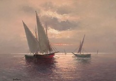 GUIDO ODIERNA Signed Vtg Original Mid-Lt 1960s Painting SEASCAPE Venetian Boats
