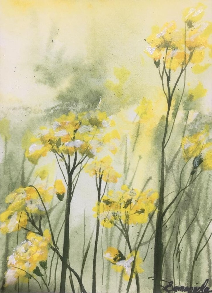 ACEO Original Painting Art Card Yellow Flowers Acrylic Color Landscape Small