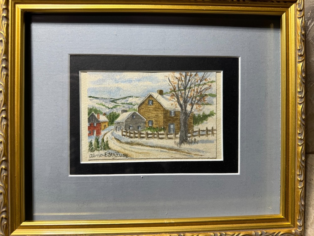 Alma Strause (1902 – 1995) „Farm In Winter Landscape“ WC Painting-Signed/Framed
