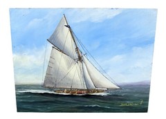 MARITIME NAUTICAL OIL PAINTING VIGILANT YACHT SHIP HANS SKALAGARD LISTED ARTIST