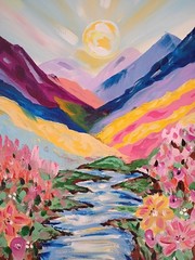 Sunset River 11×14 Canvas Original Art Expressionism Abstract Floral Mountains