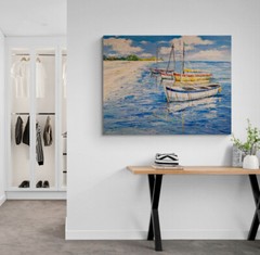 Original Acrylic Painting Coastal Boats Scenery on Canvas by Kanayo Ede 36”x 48″