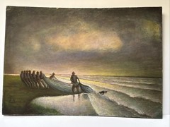 Antique Painting Wpa Regionalism Beach Fisherman Sunset Evening Coastal Sea Oil