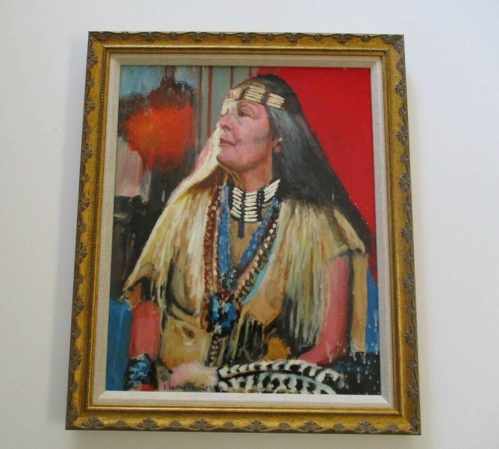 VINTAGE CONTEMPORARY PAINTING NATIVE AMERICAN INDIAN WOMAN JEWELRY SIGNED