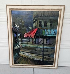 Large Original Mario Benedetti „Cafe Roma“ Oil Painting, c. 1970s Landscape