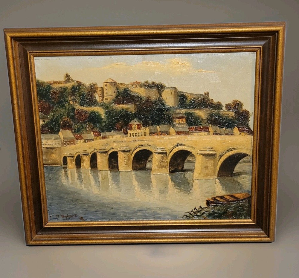 Antique Vintage Landscape Oil Painting Pont De Jambes Belgium Robert Bykans