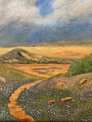 Antique Bluebonnet Oil Painting-Hill Country Landscape- Antique Frame