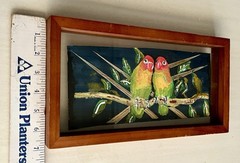 ORIGINAL Colorful LOVE BIRDS Parrots SIGNED R. Eckert FRAMED Black/Green/Yellow