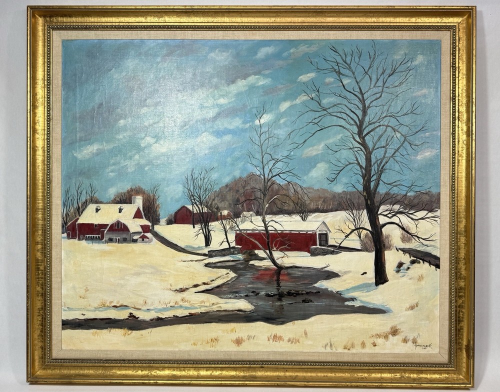 Harry M. Book Original Oil Painting 1964 Winter Farm Landscape Framed 50”