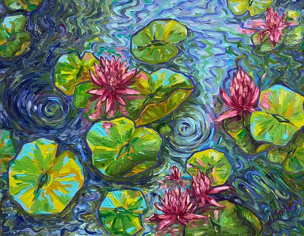 Original Painting pond water lilies artwork post Impressionism unframed