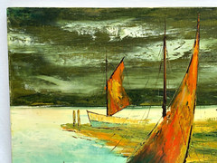 F LEE LARGE SEASCAPE OIL PAINTING SAND DOCKED FISHING BOAT PALETTE KNIFE IMPASTO