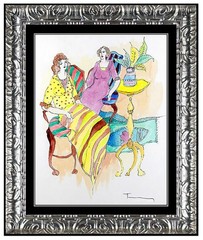 Itzchak Tarkay Original Watercolor Painting Hand Signed Authentic Cafe Women Art