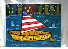 AMERICA FLAG SAILBOAT SHARKS Jr CHARLIE FAST PAINTING OUTSIDER FOLK POP ART USA