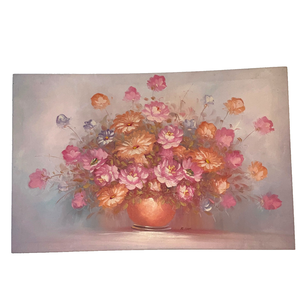 Vintage modernist pink flower ROSES original art oil painting signed canvas