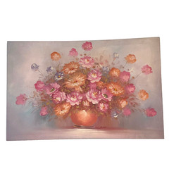 Vintage modernist pink flower ROSES original art oil painting signed canvas